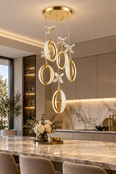 Ulucam Aydınlatma İnci 5 Toplu Gold 3 Renk LED Avize Modern Salon ve Yemek Od...