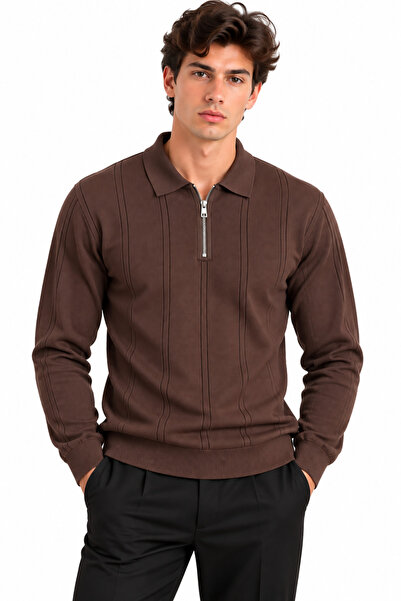 ribana Men's Ribbed Polo Collar Zippered Knitted Sweater 27151