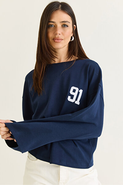Bianco Lucci Women's Navy Blue 91 Printed Oversize Long Sleeve Modal T-Shirt ...