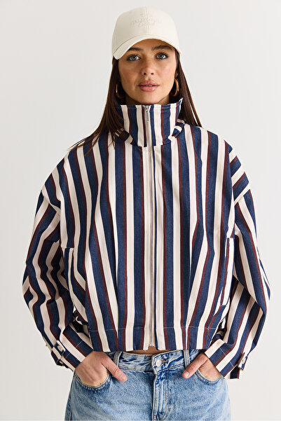 Bianco Lucci Women's Striped Stand Collar Pocket Detailed Pleated Zippered De...