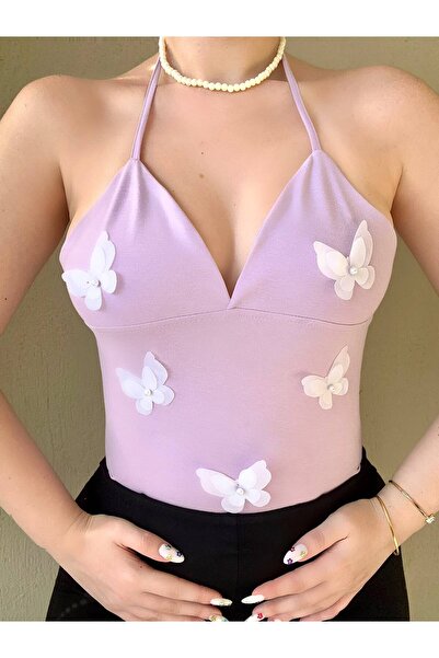 Doll Wear Butik Mor Halter Yaka Kelebek Detaylı Boyundan Bağlamalı Crop Bluz