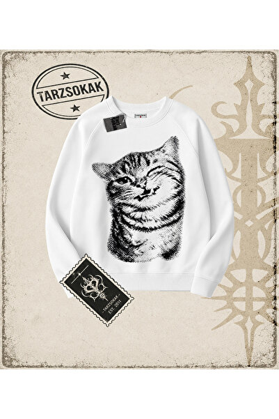 Tarzsokak Gotik & Grunge STREETWEAR Cat Gotik Y2K Bisiklet Yaka Sweatshirt