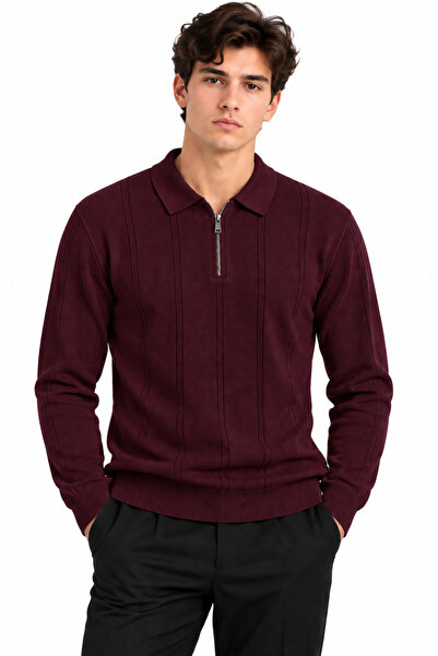 ribana Men's Ribbed Polo Collar Zippered Knitted Sweater 27151