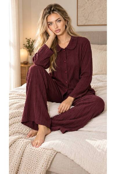 BERELLA Premium Bride Kadın Bürümcük Düğmeli Gömlek Yaka Pijama Takımı