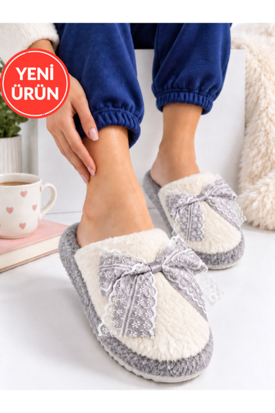 STOCON Kadın Peluş Dantelli Fiyonk Detaylı Kışlık Ev Terliği Çeyiz Terliği He...