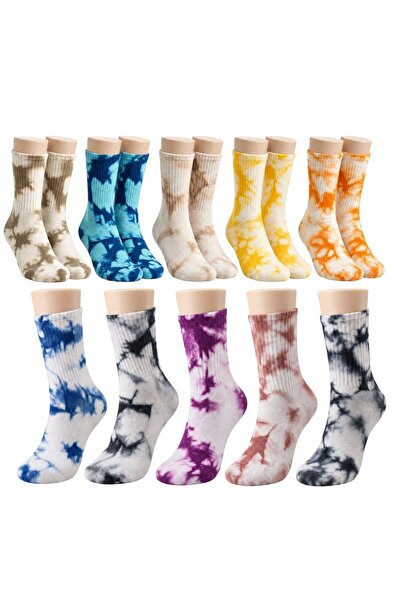 Şerife Hanım Unisex Batik Sports Socks Set of 10 Tie Dye Tennis Socks Dark Re...