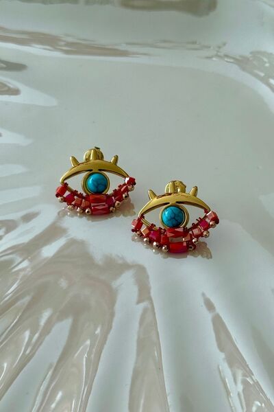 Trendy Butik Steel red beaded eye earrings