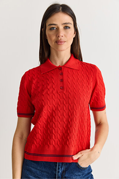 Bianco Lucci Women's Polo Collar Hair Knit Patterned Short Sleeve Knitwear Bl...