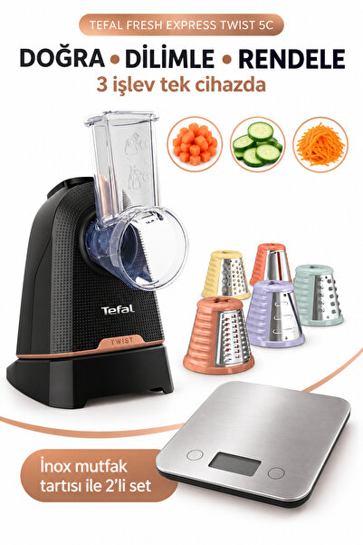 TEFAL Fresh Express Twist 5C Doğrama Dilimleme Rendeleme Bir Arada + İnox Mutfak Tartısı 2’li Set