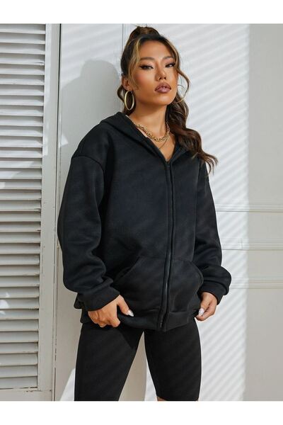 luci sports Basic Plain Cardigan - Black Oversized Hooded