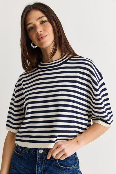 Bianco Lucci Women's Striped Crew Neck Short Sleeve Mercerized Knitwear Blous...