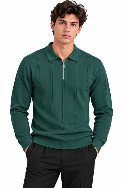 ribana Men's Ribbed Polo Collar Zippered Knitted Sweater 27151