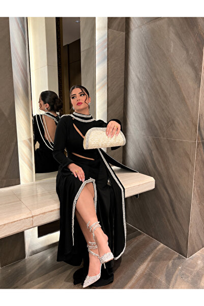 Ayaen فستان سهرة أسود طويل بتصميم مكسيكي فاخر مكشوف الظهر ومزين باللؤلؤ والكر...