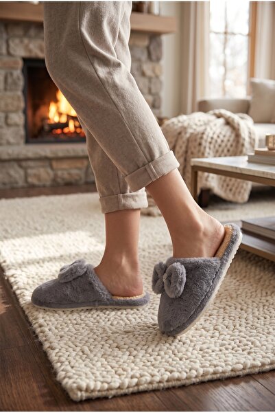 Moda Devrin Women's Gray Ribbon and Stone Plush Home/Room Slippers