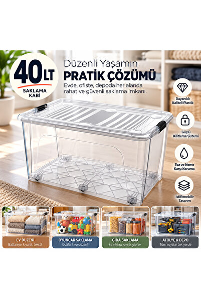 Qs Plastik 40 Litre Şeffaf Saklama Kabı Kapaklı Kilitli – Çok Amaçlı Düzenley...