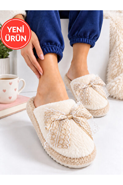 STOCON Women's Plush Lace Bow Detailed Winter House Slippers Dowry Slippers G...