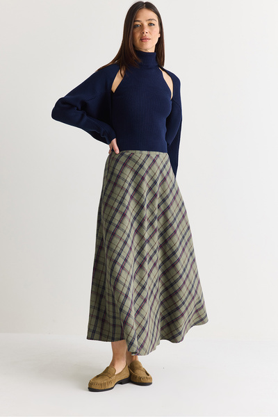Bianco Lucci Women's High Waist A-Line Plaid Midi Skirt De261123 60286551