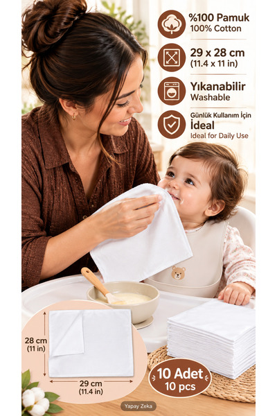 Pamuklu Penye 10’lu Bebek Ağız Temizleme Mama Mendili Ağız Silme Bezi Yumuşak Yıkanabilir 29x28cm