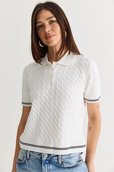 Bianco Lucci Women's Polo Collar Hair Knit Patterned Short Sleeve Knitwear Bl...
