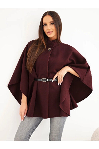 Kesi Poncho-șal de damă, culoarea prunelor, cu curea și guler înalt