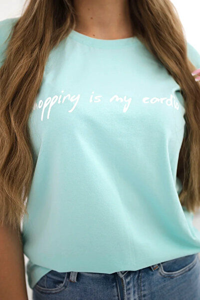 Kesi Tricou verde mentă cu mânecă scurtă și imprimeu  "Shopping is My Cardio "