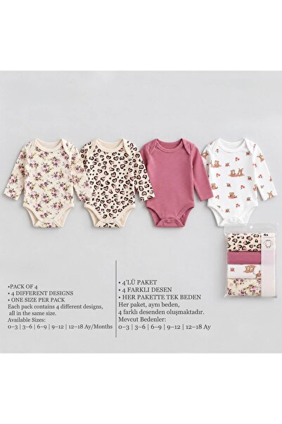 %100 Organik Pamuk Kız Bebek 4'lü Çıtçıtlı Uzun Kollu Set