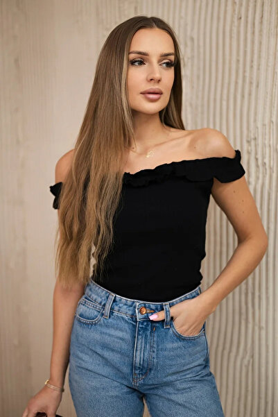 Kesi Bluză neagră cu umerii goi, cu volane, decolteu elastic, design feminin