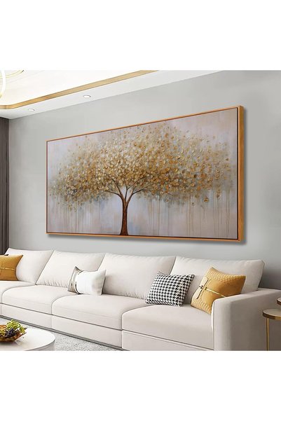 HOME MODE Golden tree canvas, large wall art, living room decor, abstract tre...