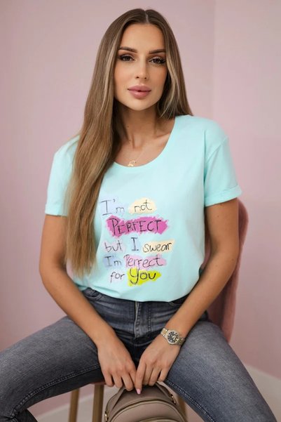 Kesi Tricou de damă verde mentă cu imprimeu perfect viu colorat, mâneci scurt...