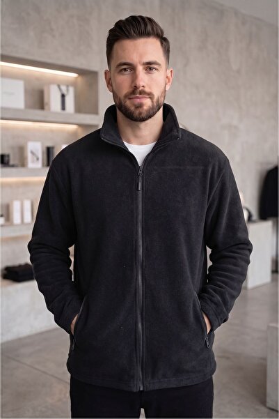 Erkek Fermuarlı Anti-pilling Polar Siyah Ceket/ Sweatshirt