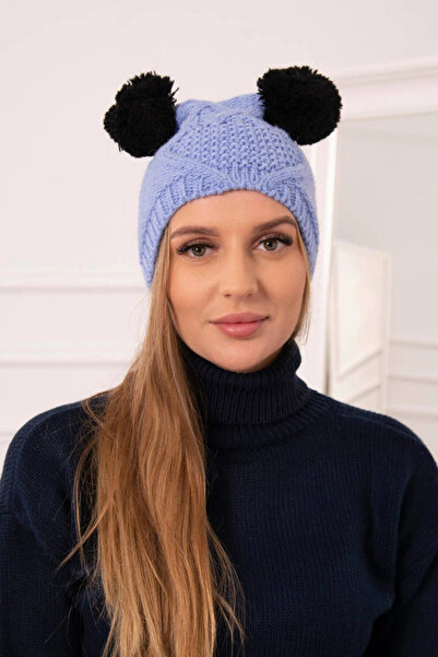 Kesi Căciulă de damă de iarnă, albastră, din fleece, cu două pompoane.