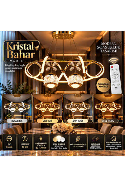 mubeda aydınlatma Kristal Bahar Gold Modern Taşlı LED Sarkıt Avize - 4 Renk A...