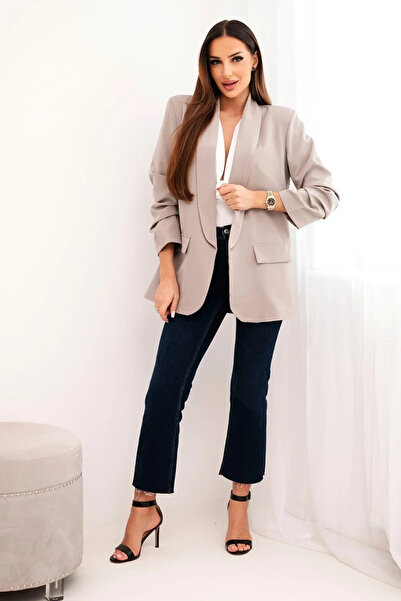 Kesi Blazer elegant bej închis, deschis în față, cu revere, ușor și stilat