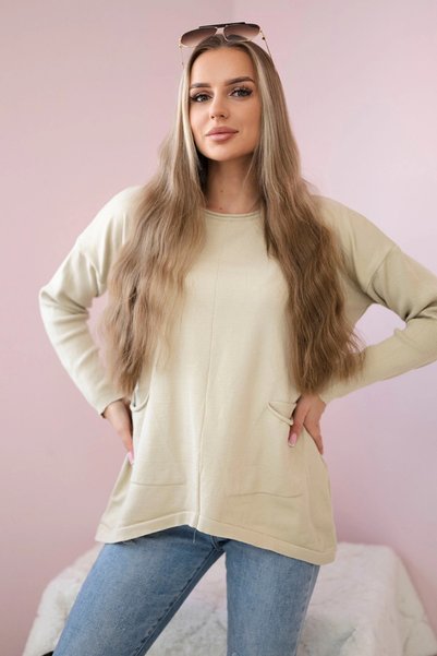 Kesi Pulover bej cu buzunar frontal, moale, călduros, casual, tricotat