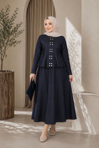 ASTEMİA Women's Gold Button Detailed Denim Jacket Skirt Set Sb0065