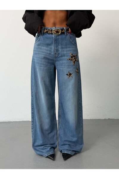 HerTon Women's High Waist Wide Leg Leopard Star Patch Detailed Jeans