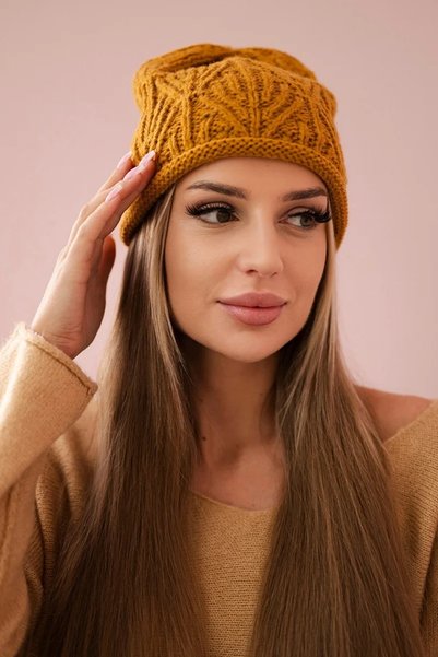 Kesi Pălărie de damă culoarea muștarului, cu model la modă cu frunze, de iarnă