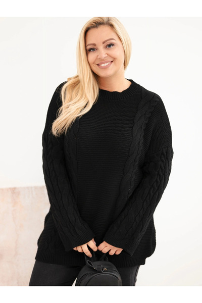 Kesi Pulover negru supradimensionat, mărimi mari, cu model elegant în torsade.
