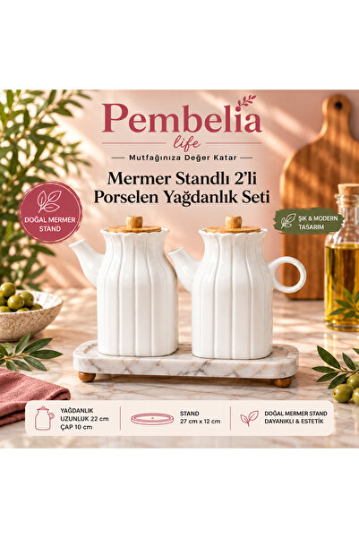 Pembelia Life Mermer Standlı Porselen 2’li 1000 ml Yağdanlık Set 3’lü Kare Ya...
