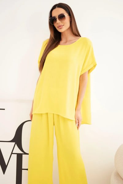Kesi Set galben de damă mărimi mari, cu bluză lejeră și pantaloni largi