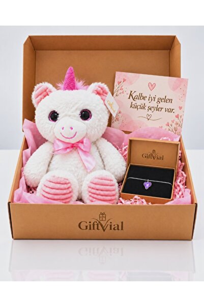 Peluş Unicorn & Mor Kalp Bileklik Sevgiliye Kız Arkadaşa Hediye Seti