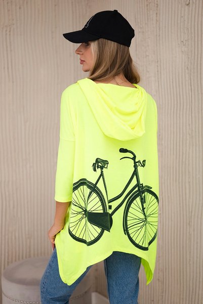 Kesi Hanorac galben neon cu glugă, cu imprimeu cu bicicletă și buzunare