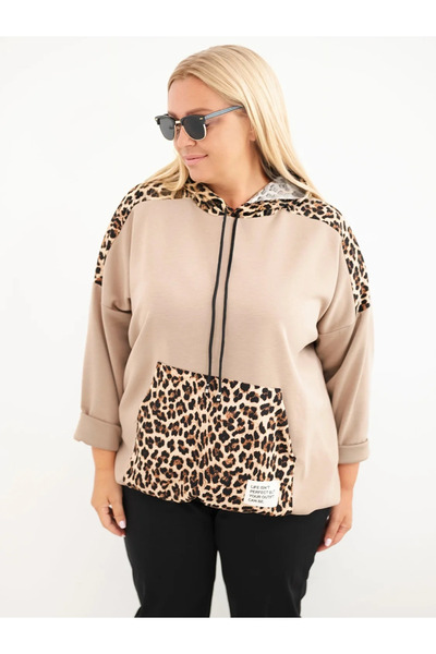 Kesi Hanorac din viscoză mărimi mari cu inserții cu imprimeu leopard, culoare...