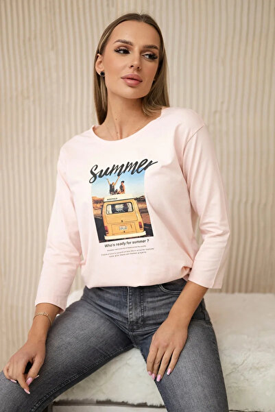 Kesi Tricou de vară roz pudră, imprimat cu mașini, din amestec de bumbac elastic
