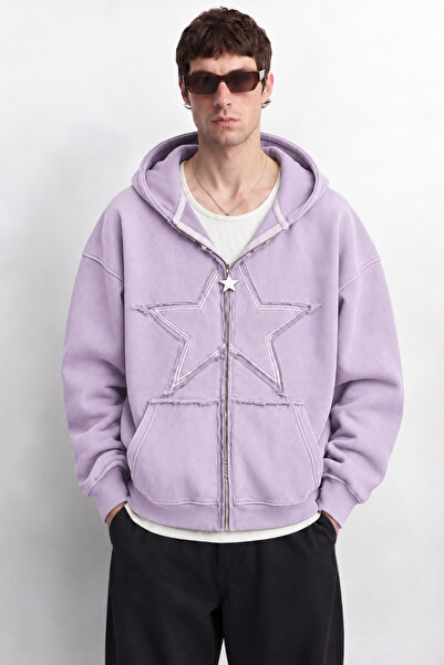 Yıldız Nakışlı Yıkama Efekt Oversize Fermuarlı Hoodie Hırka Zip Sweatshirt - Lila