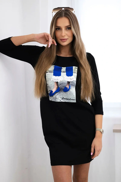 Kesi Rochie neagră cu grafică 3D și aplicații din zirconiu, cu buzunare