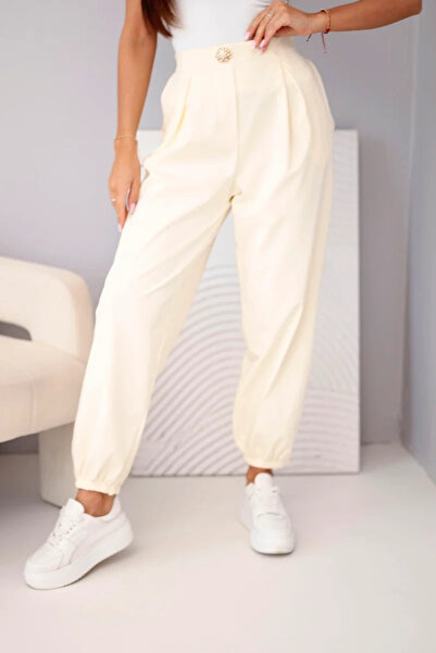 Kesi Pantaloni de damă din bumbac cu talie înaltă, cu nasture decorativ tip p...