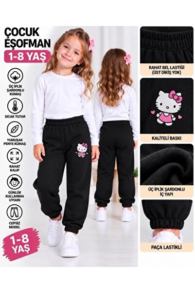 TPN KİDS Kız Çocuk Siyah üç iplik Şardonlu Hello Kitty Baskılı Beli ve Paçası...