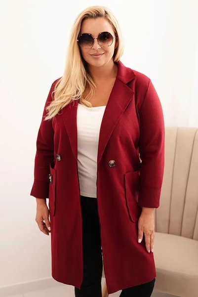Kesi Palton elegant bordo, mărimi mari, cu guler amplu și buzunare mari