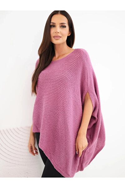 Kesi Poncho asimetric roz închis, cu mohair și decolteu larg